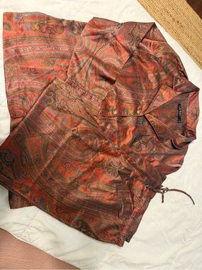 Ralph Lauren Paisley Satin Button-Up Shirt and Drawstring PJ Set - Red Multi